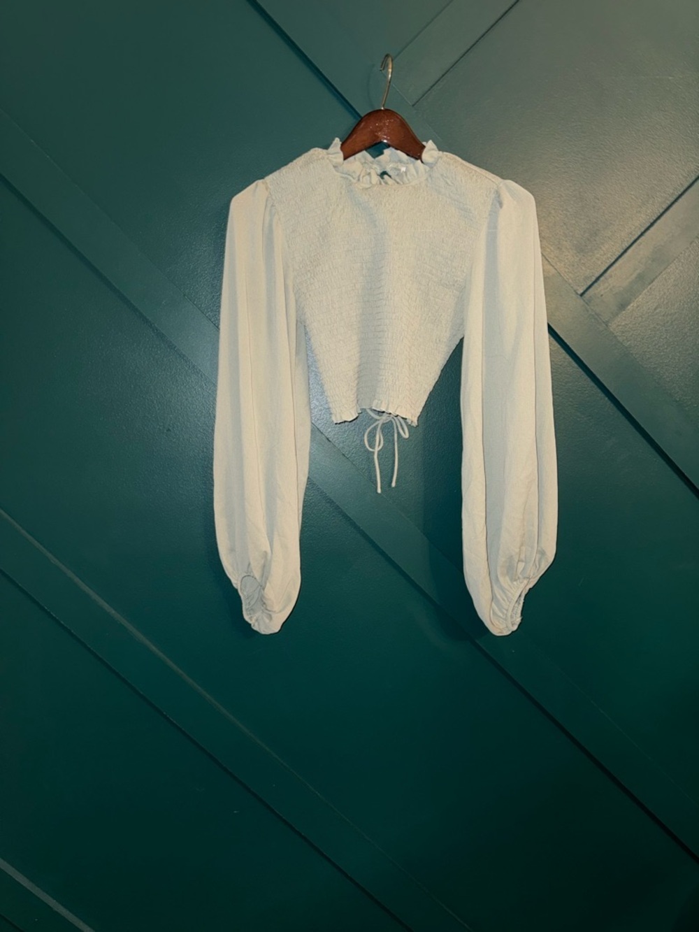 Petal & Pup White Smocked Ruffle-Neck Crop Top with Bishop Sleeves
